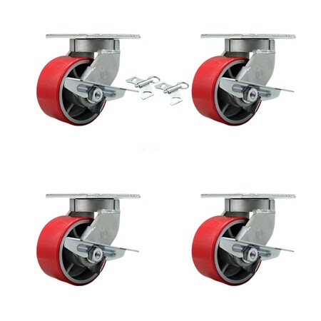 Service Caster 6'' Heavy Duty Red Poly on Cast Iron Caster Set 4 Brakes 2 Swivel Locks, 4PK CRAN-KP92S630-PUR-RS-SLB-BSL-2-SLB-2